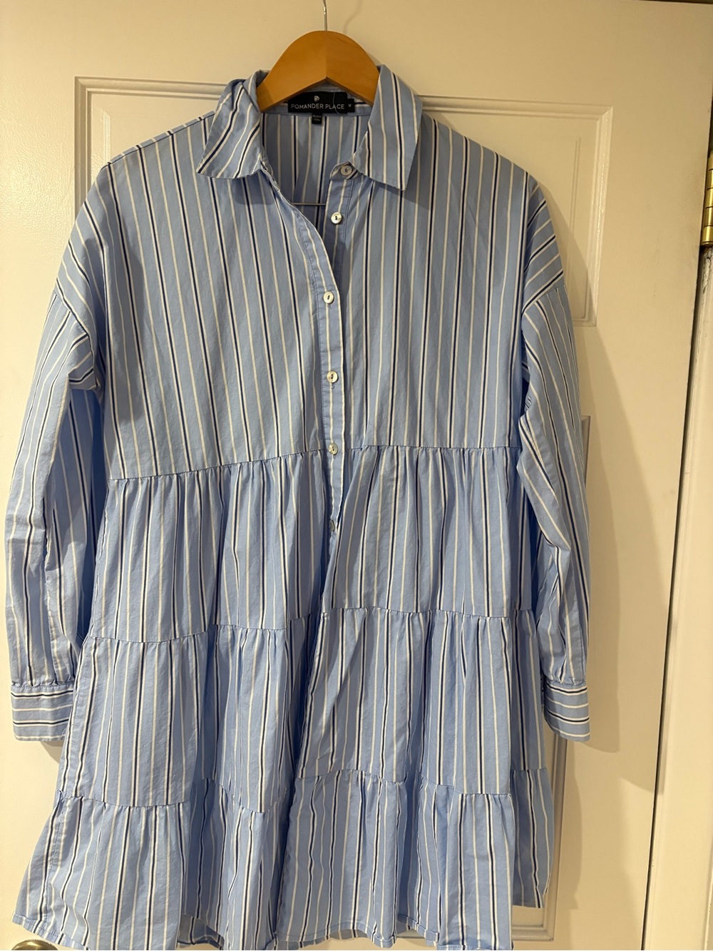 Pomander Place Blue and White Striped Tiered Shirt Dress